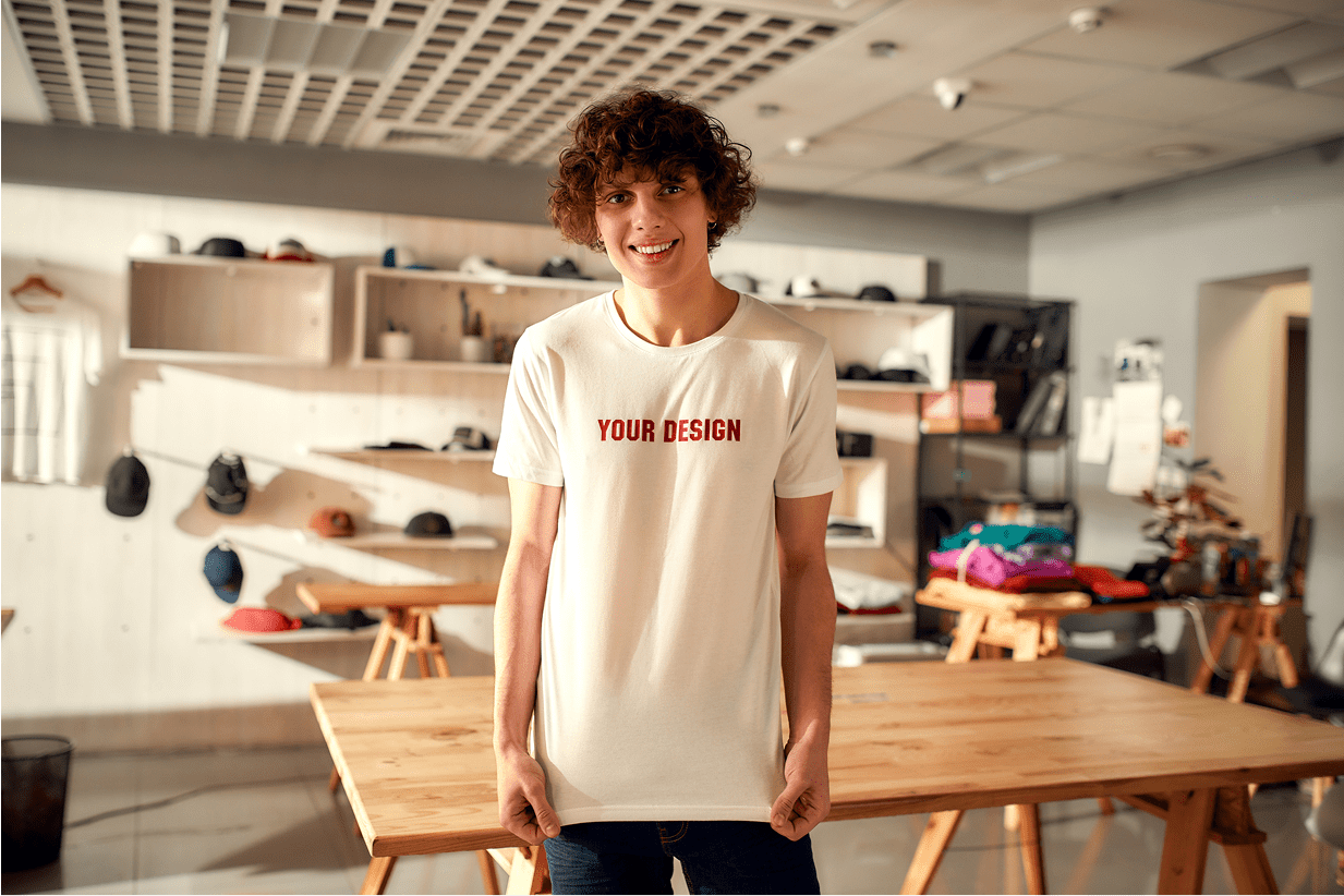 Person wearing custom design shirt indoors.