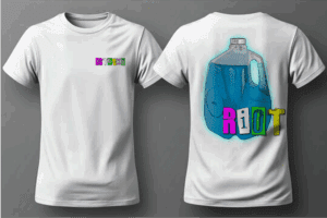 White shirt with colorful "RIOT" design.