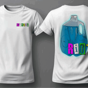 White shirt with colorful "RIOT" design.