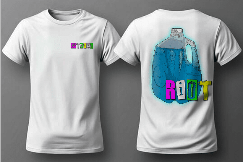 White shirt with colorful "RIOT" design.