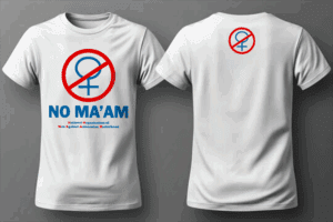 White T-shirt with "No Ma'am" design.